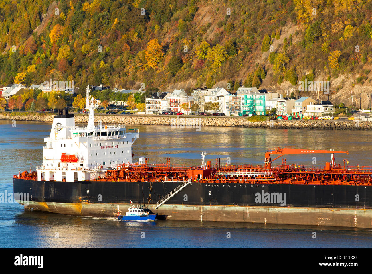 Pilot boat and ship below Quebec City, Quebec, Canada Stock Photo