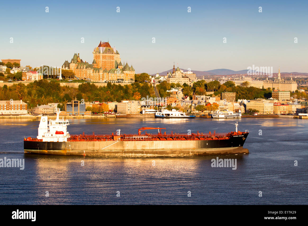 Ship on St. Lawrence River below Quebec City, Quebec, Canada Stock Photo