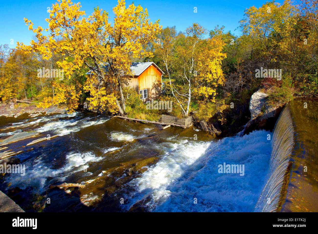Mill pond on Trois Saumons River, Quebec, Canada Stock Photo