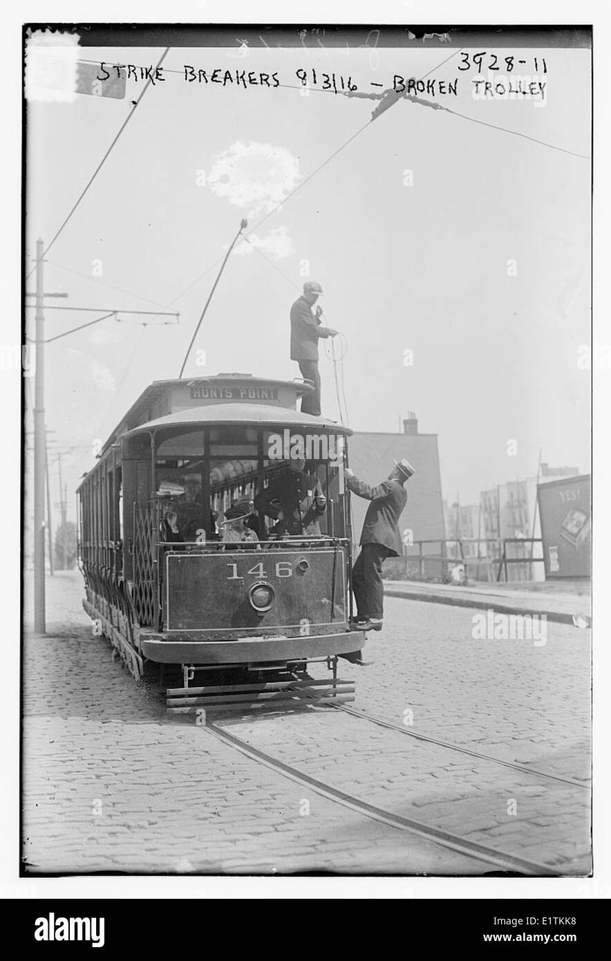 Strike breakers, 1916 -- broken trolley (LOC) Stock Photo