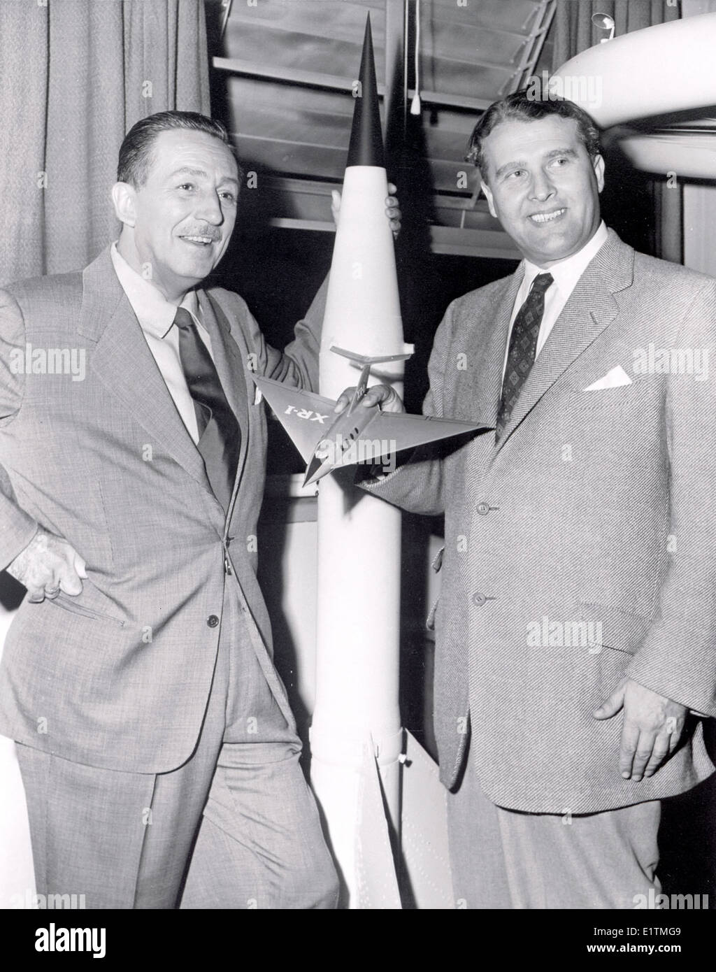 Walt Disney and Dr. Wernher von Braun collaborated on a series of television programs in the 1950s, highlighting the potential of space exploration and NASA's space missions. This partnership helped shape public interest in space technology and future space programs. Stock Photo