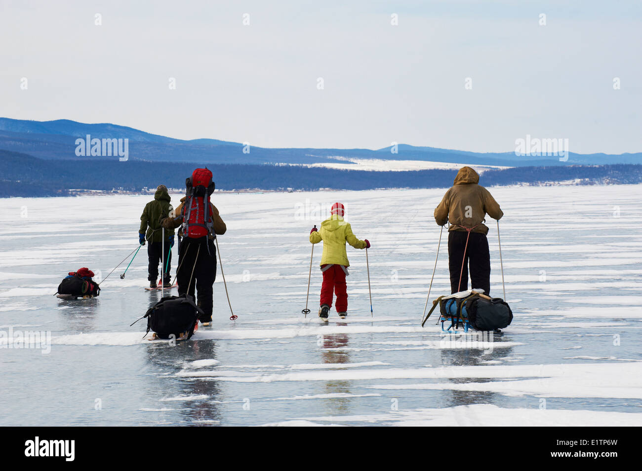 Russia, Siberia, Irkutsk oblast, Baikal lake, Maloe More (little sea), frozen lake during winter, ice sking Stock Photo