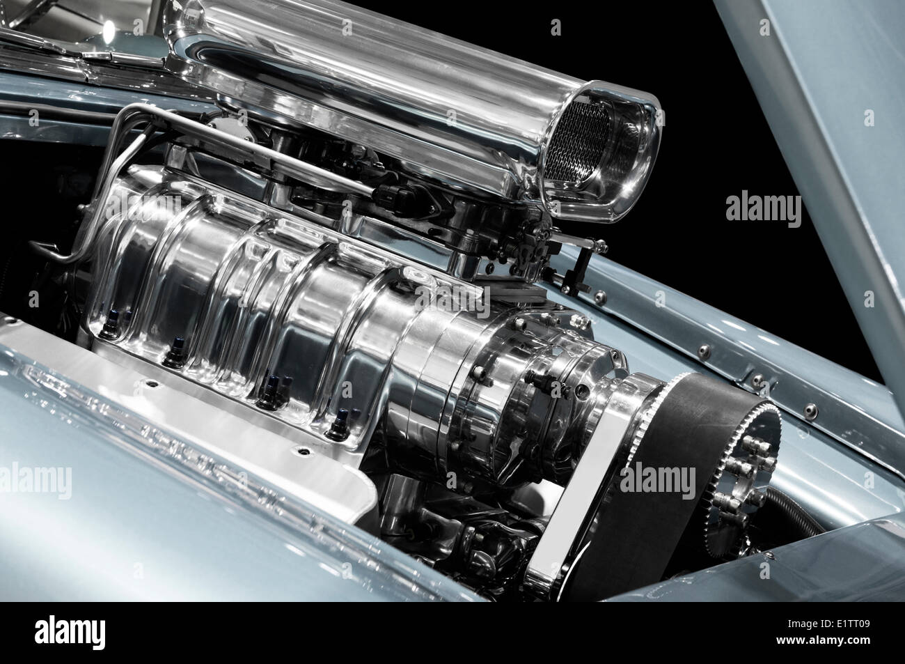 Closeup of a powerful shiny custom muscle car engine Stock Photo