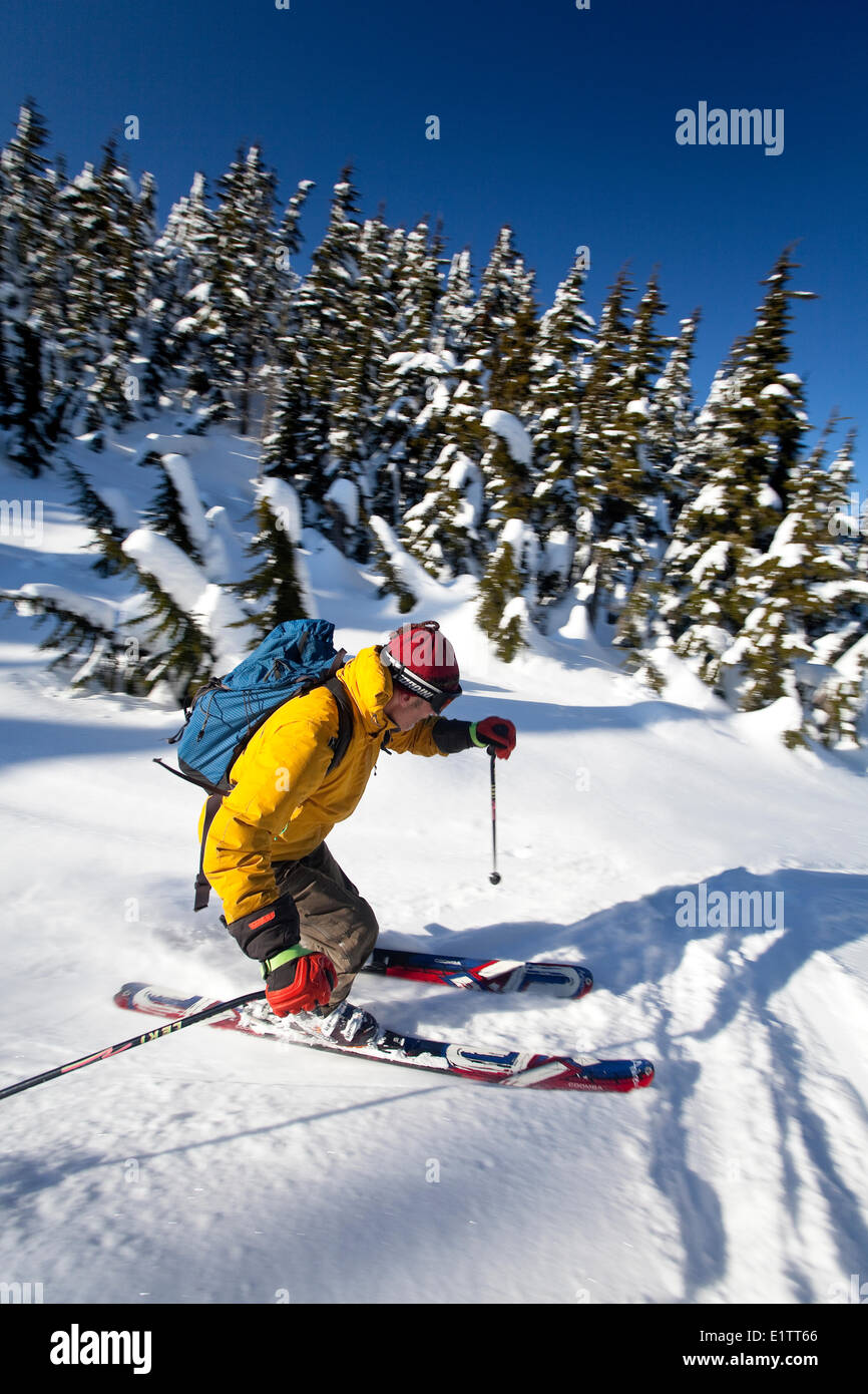Skier on Mt. Washington, Courtenay, The Comox Valley, Vancouver Island, British Columbia, Canada. Stock Photo