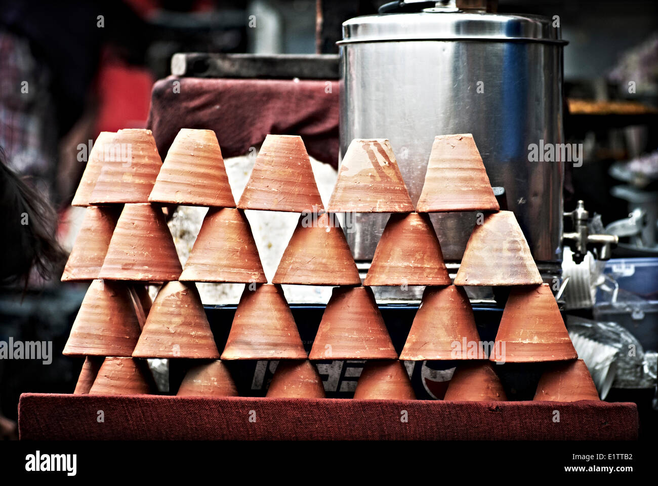 Clay cups at tea stall in the streets of kolkata hires stock