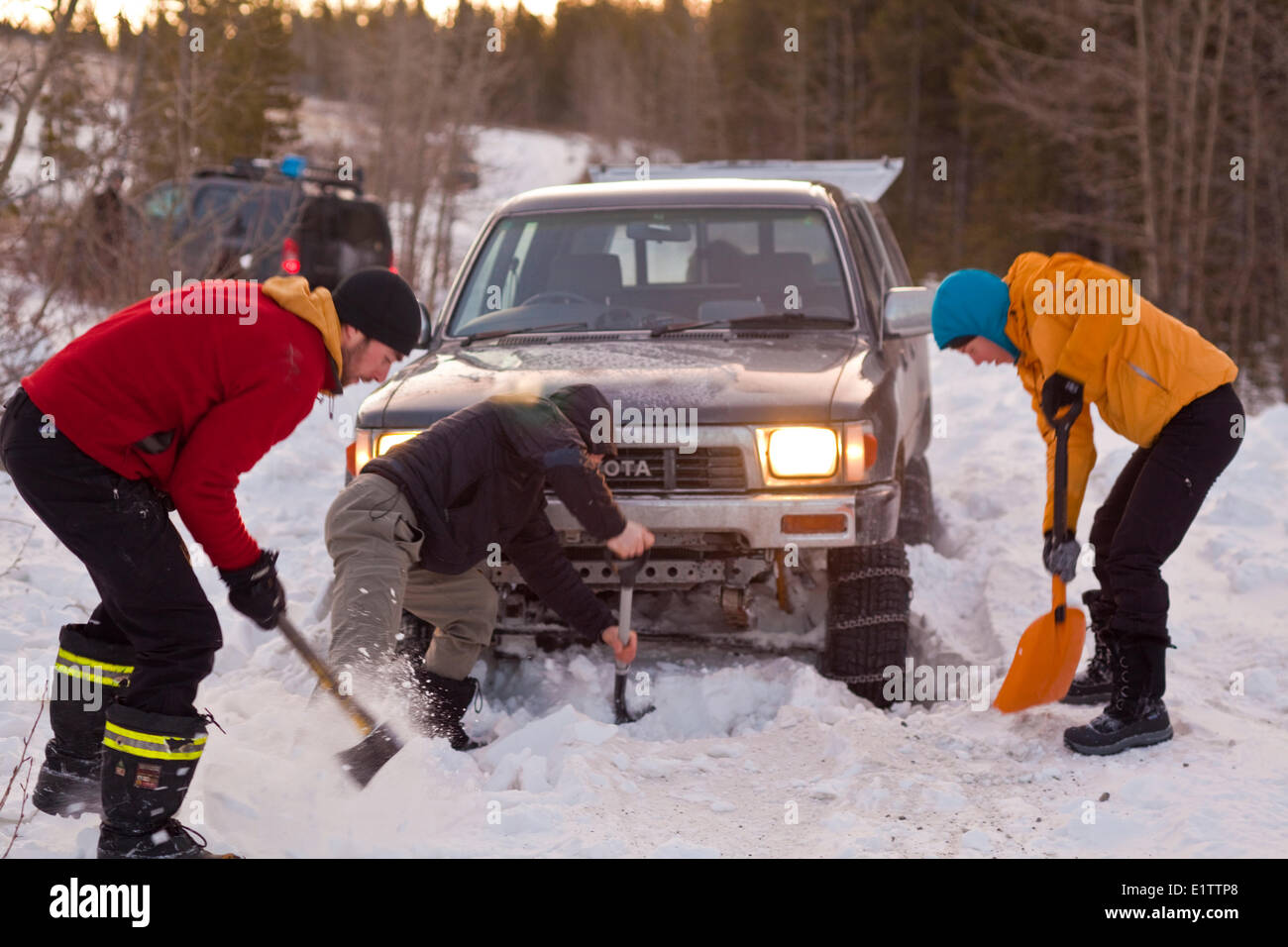 Trying to get into the Ghost River area for ice climbing. Ghost River, AB Stock Photo