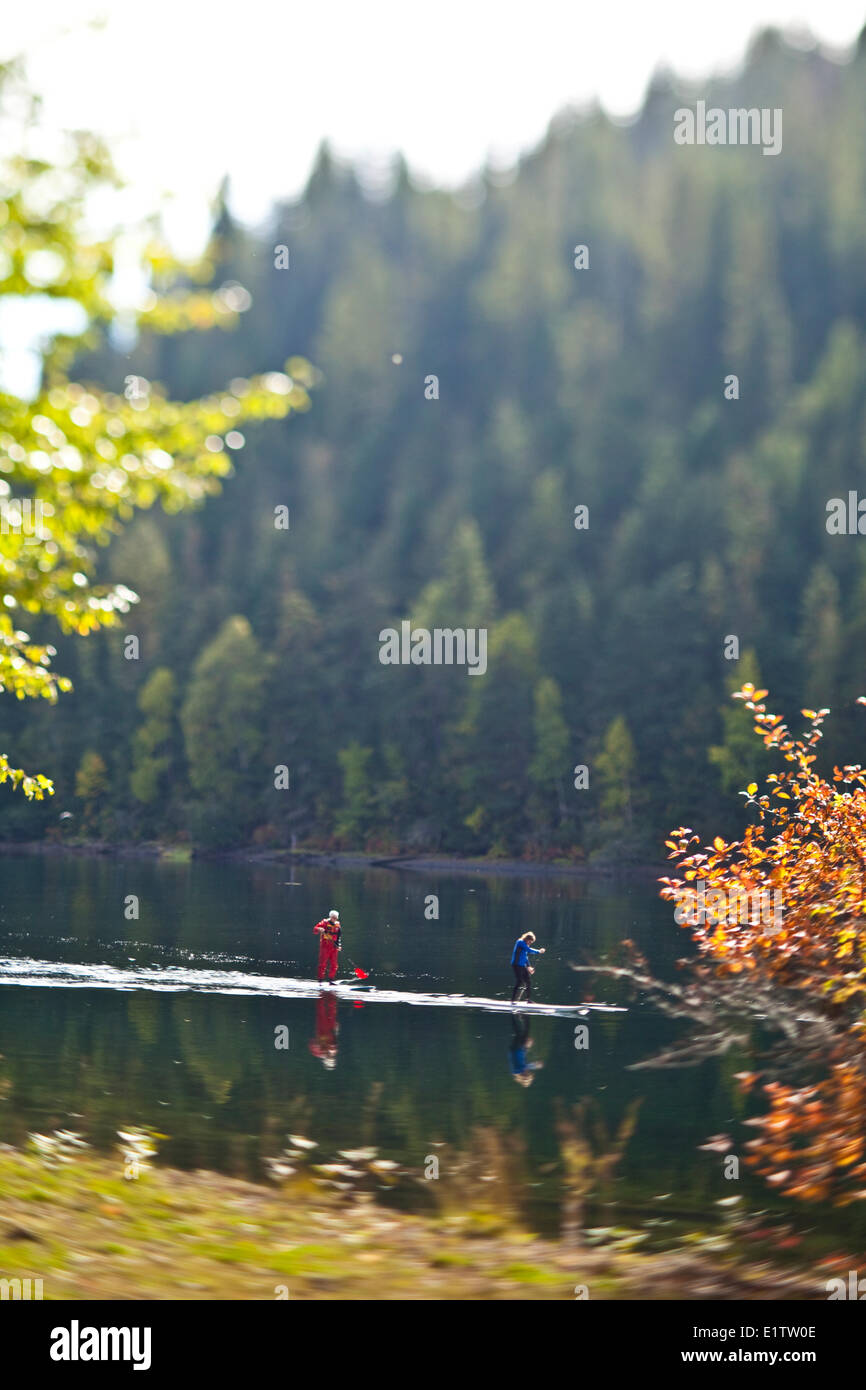 Two men paddleboarding on the Quesnel River in Likely, BC Stock Photo
