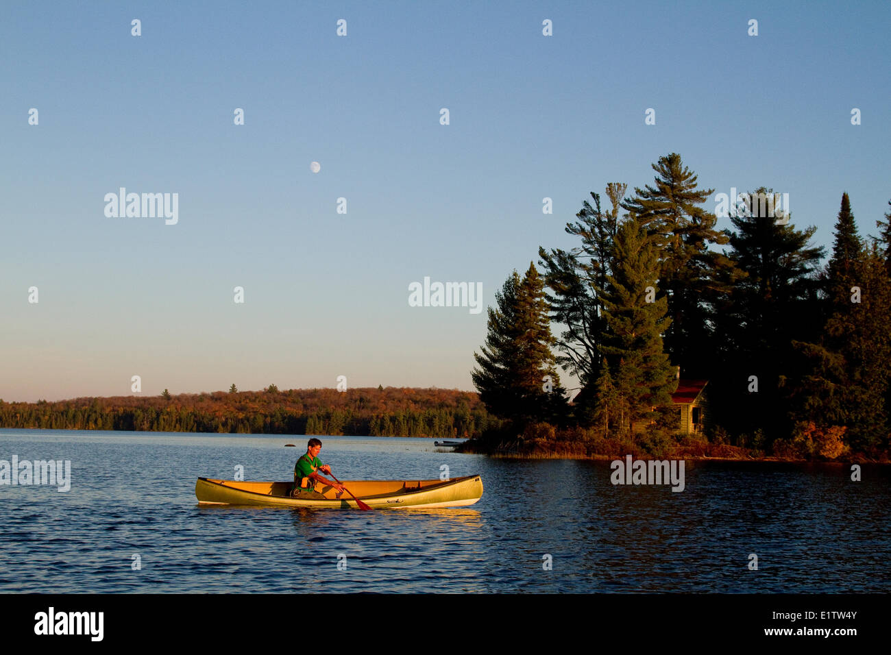 Young man paddles canoe on Source Lake, Algonquin Park, Ontario, Canada