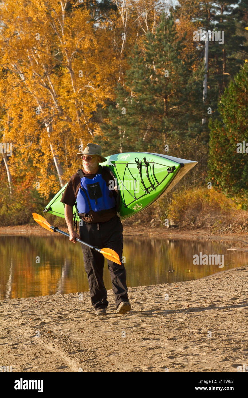 Mature man carries kayak from water, Oxtongue Lake, Muskoka, Ontario, Canada. Stock Photo