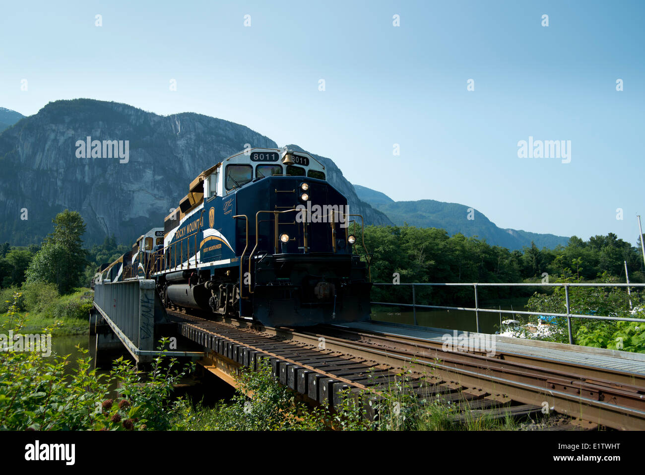 The Rocky Mountaineer Whistler Sea to Sky Climb and the Stawamus Chief. Squamish, BC, Canada. Stock Photo