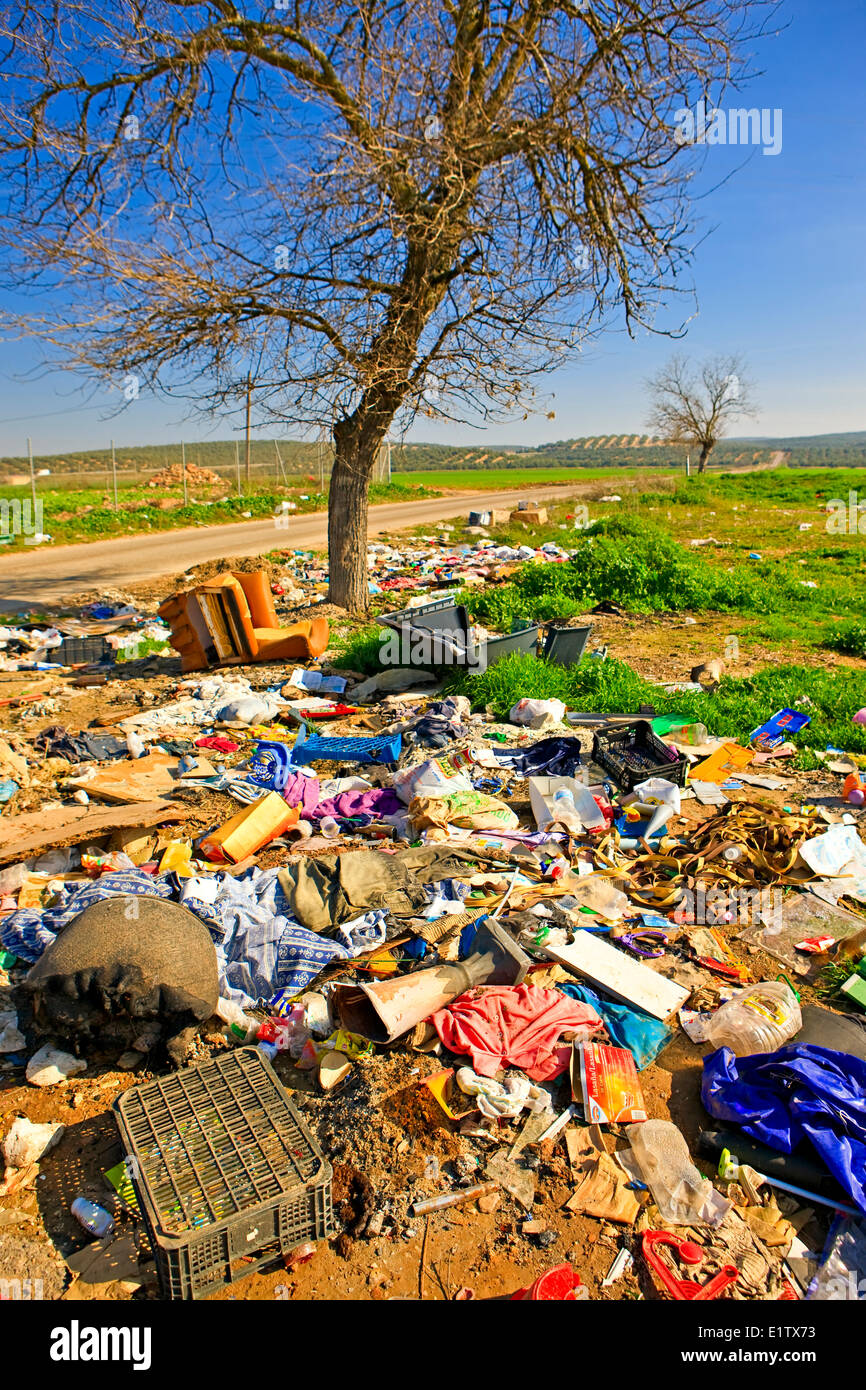 Garbage/pollution along a country road in the Province of Jaen, Andalusia (Andalucia), Spain, Europe. Stock Photo