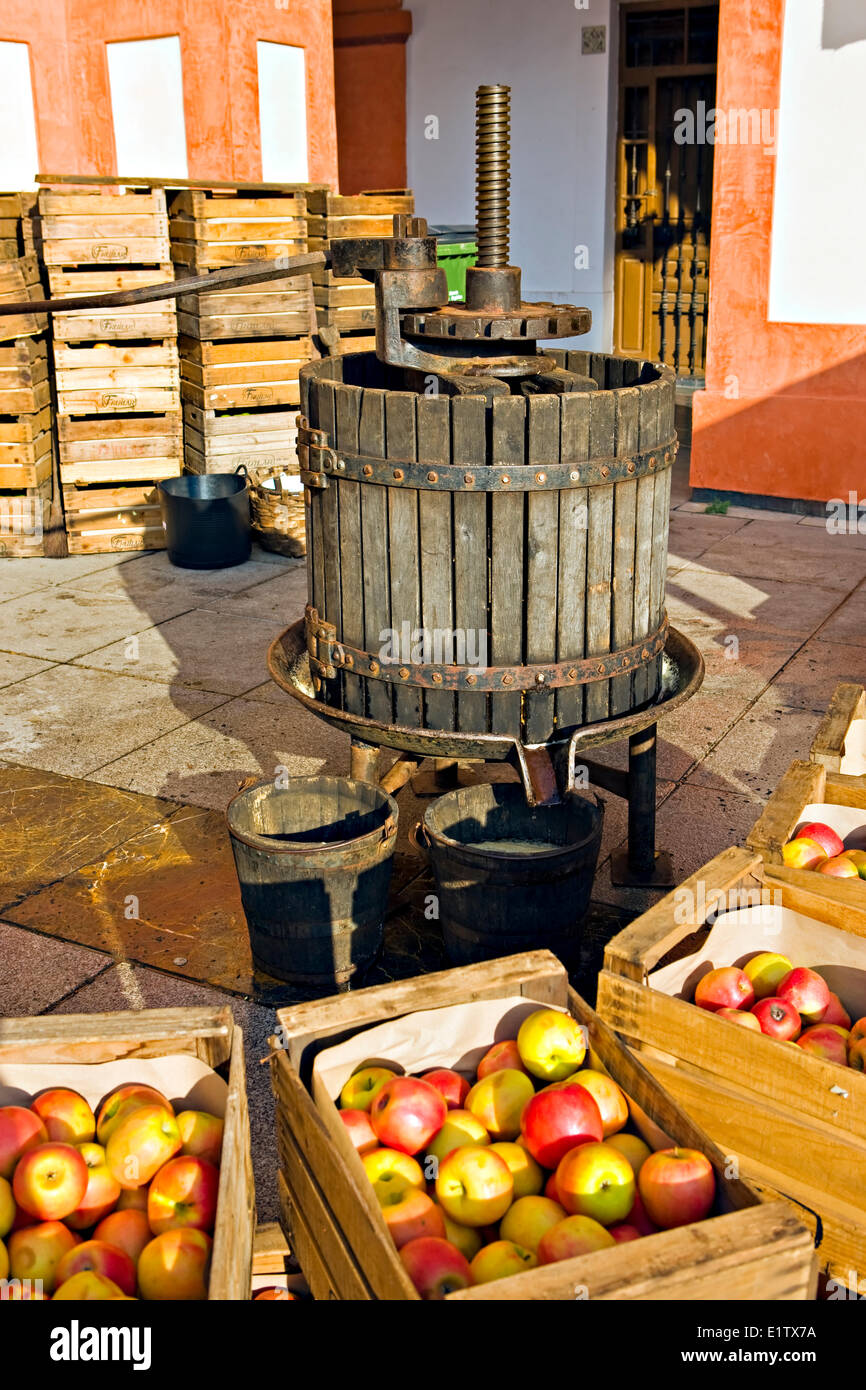 Apple press at the markets in Plaza de la Corredera City Cordoba UNESCO World Heritage Site Province Cordoba Andalusia Stock Photo