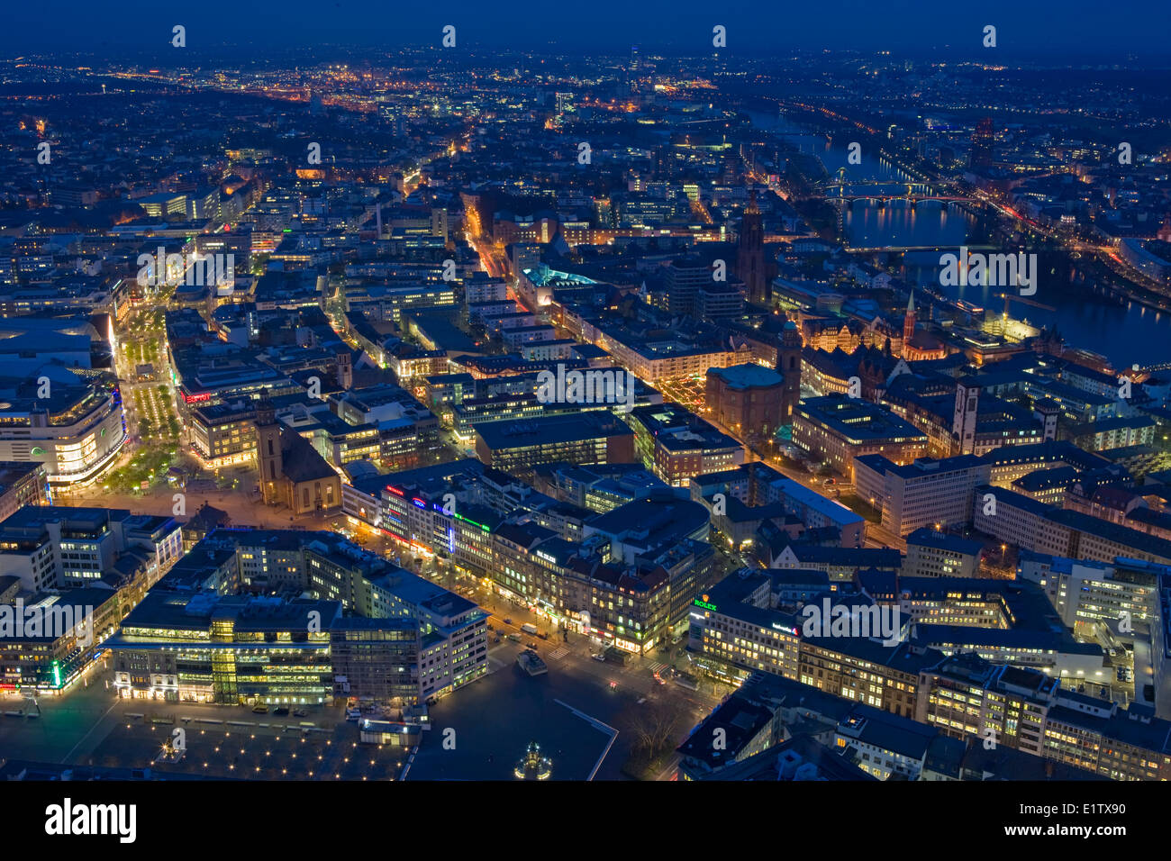 Aerial view over the City of Frankfurt am Main from Maintower at dusk, Hessen, Germany, Europe. Stock Photo