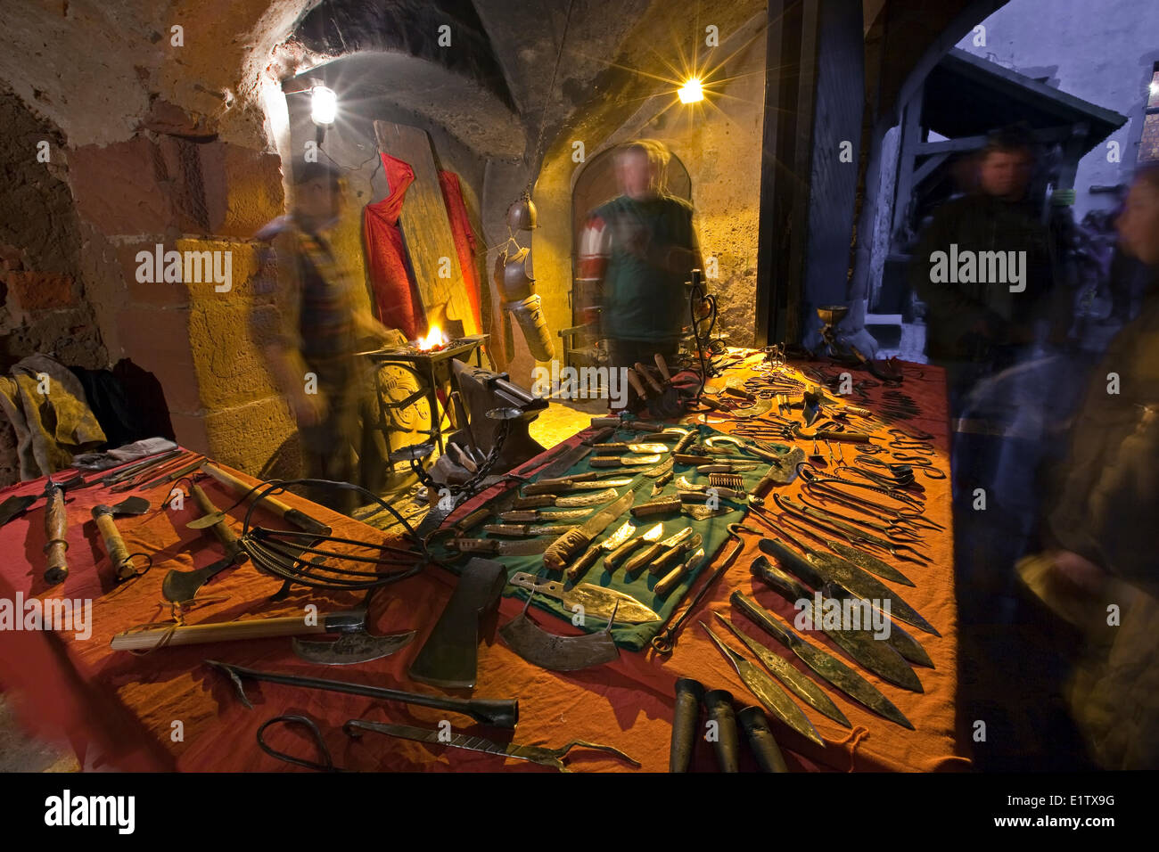 Market stall at the medieval markets in Burg Ronneburg (Burgmuseum), Ronneburg Castle, Ronneburg, Hessen, Germany, Europe. Stock Photo