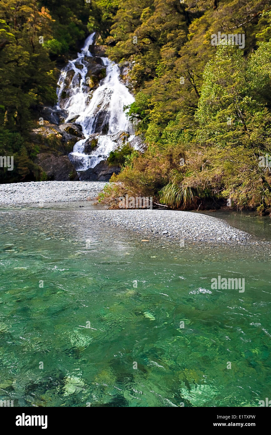 Fantail Falls in Mt Aspiring National Park, Haast Highway near Haast Pass, West Coast, South Island, New Zealand. Stock Photo