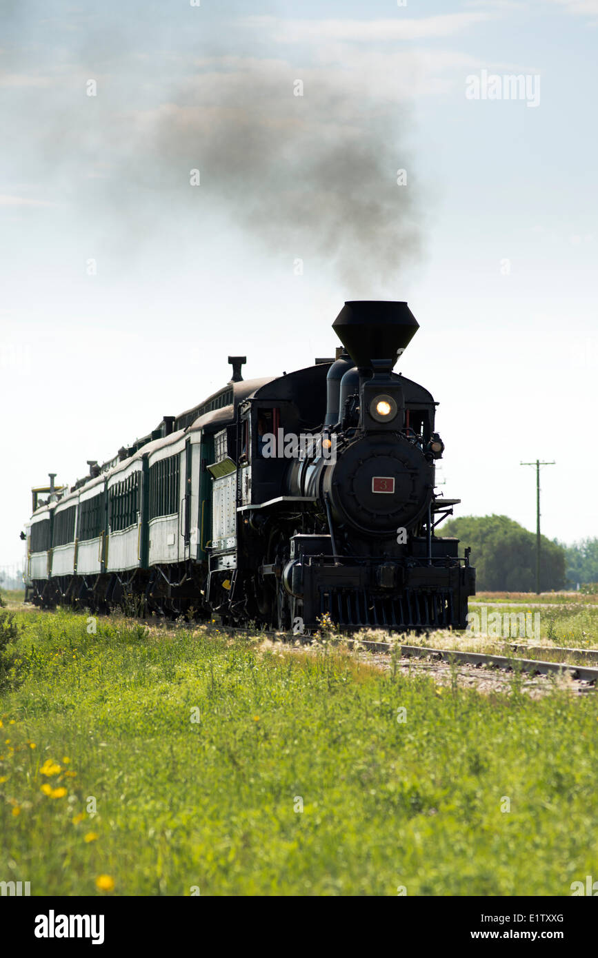 Steam number 3 leads the Prairie Dog Central Railway north of Winnipeg, Manitoba, Canada. Stock Photo