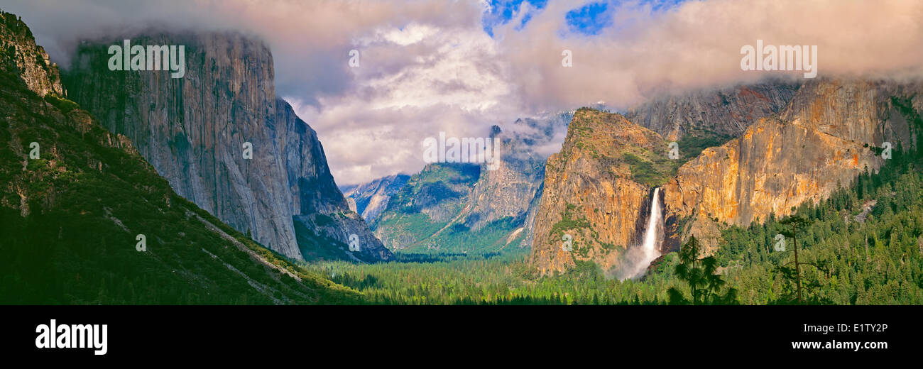 Nature the Yosemite Valley in spring with Bridalveil Falls El Capitan Cathedral Rocks Yosemite National Park Californai USA. Stock Photo