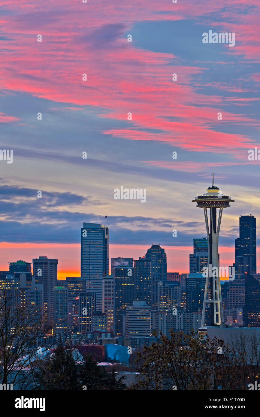 Colorful red sunrise above the Seattle skyline and the Space Needle landmark, Washington State, USA Stock Photo