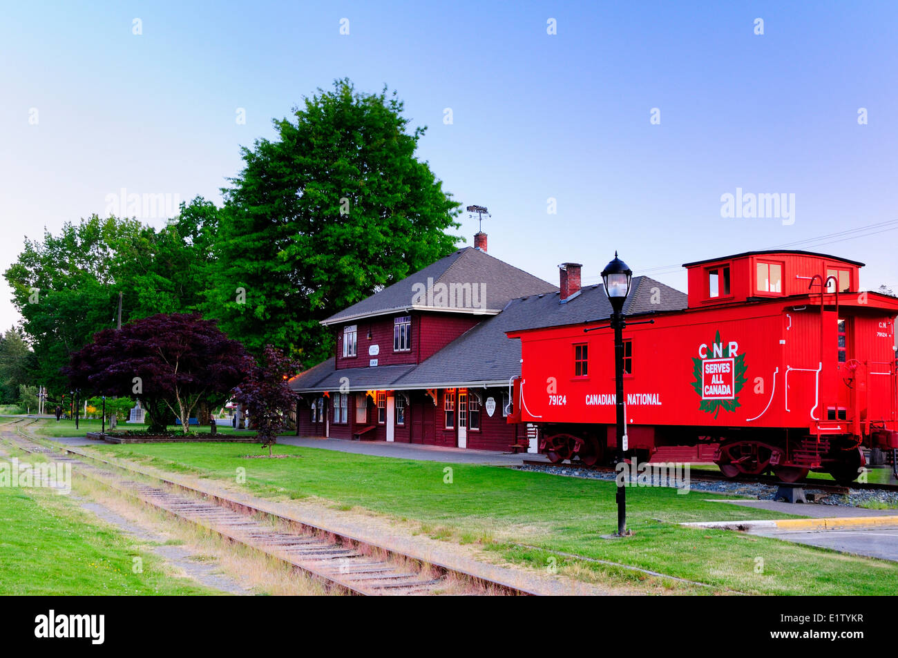 The city of Duncan's train station along with a Canadian National caboose. Stock Photo