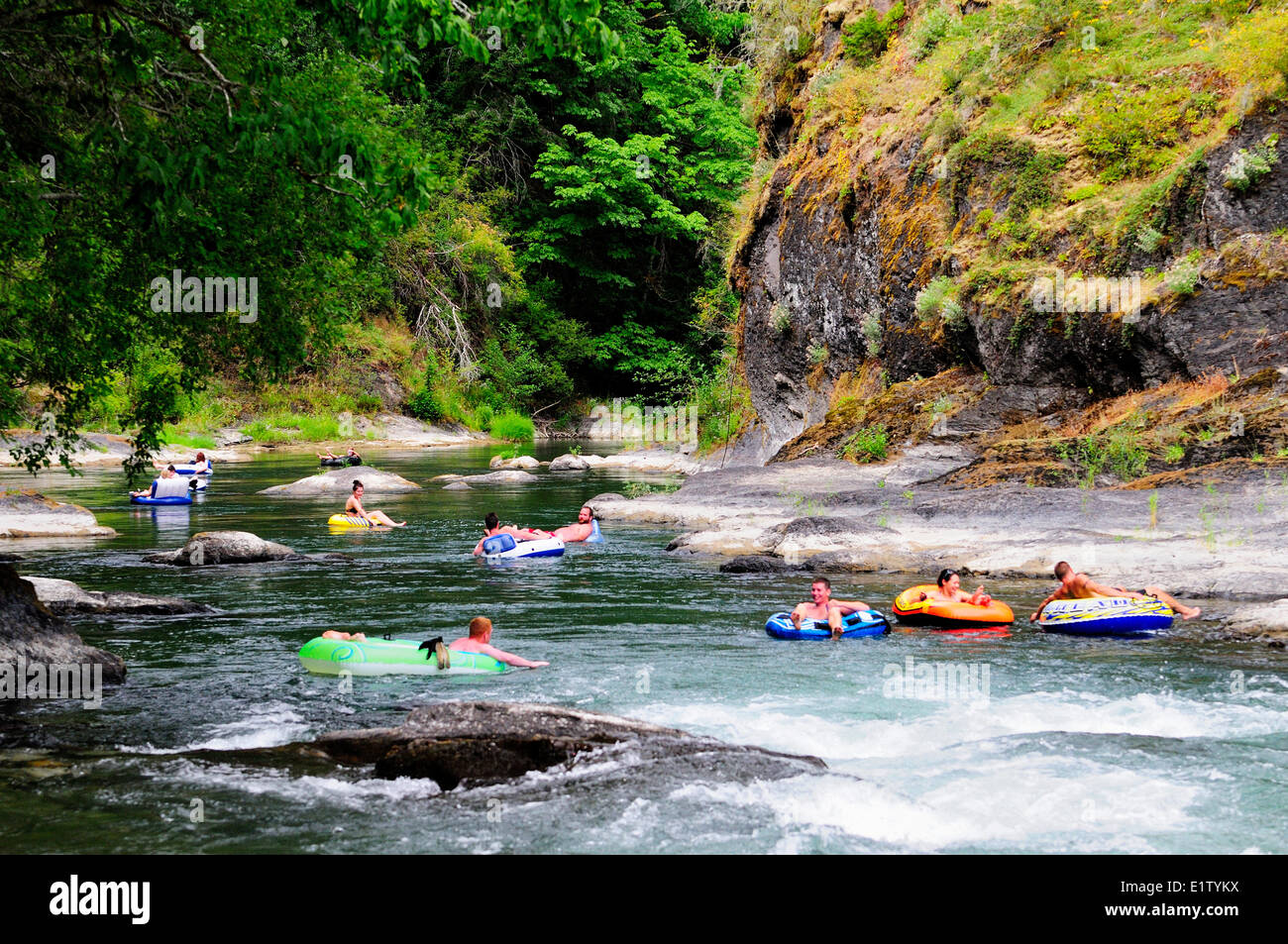 Tubers drift down the Cowichan River near Horseshoe Bend near Lake