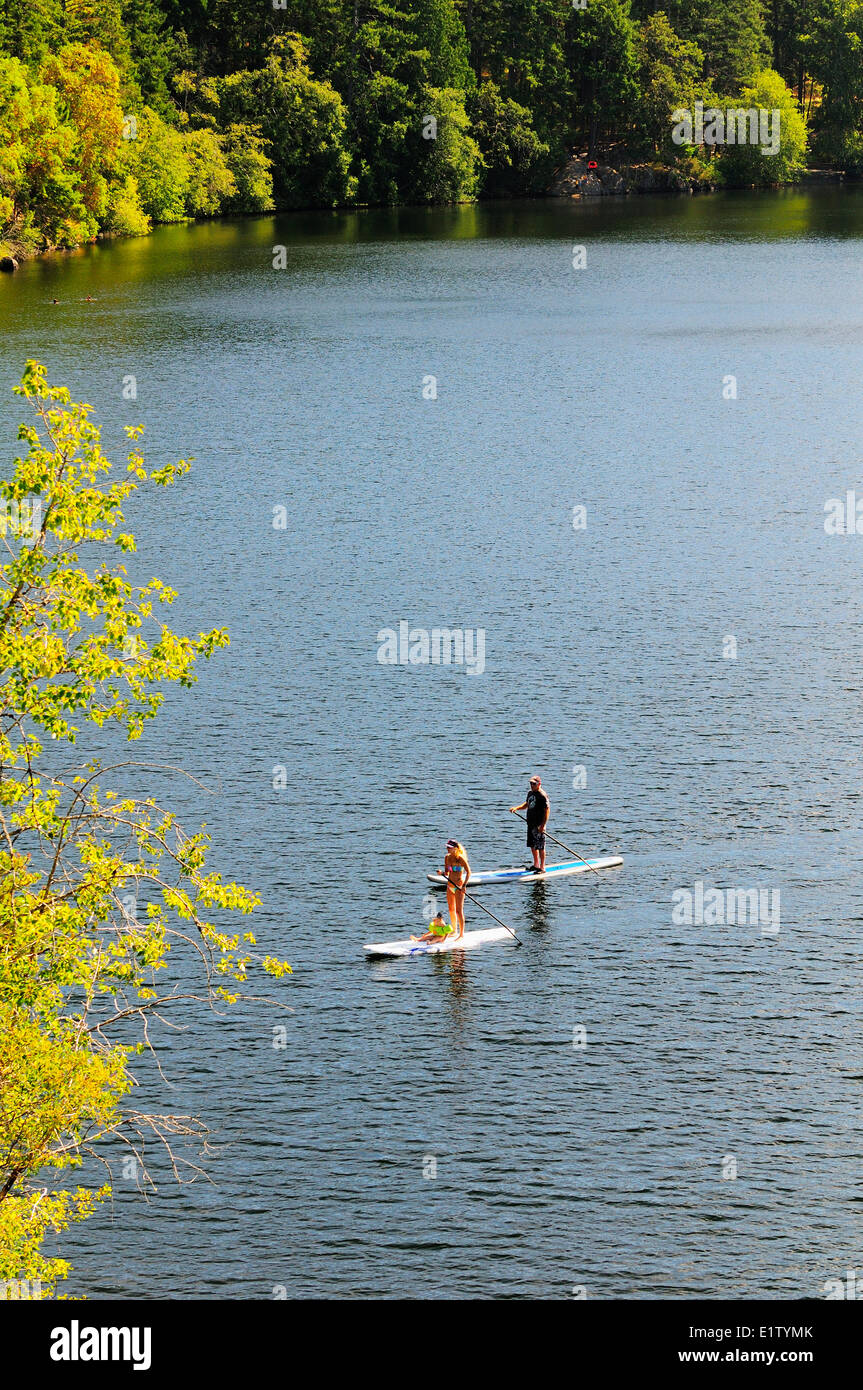A man and woman and their child enjoy stand up paddle boarding on