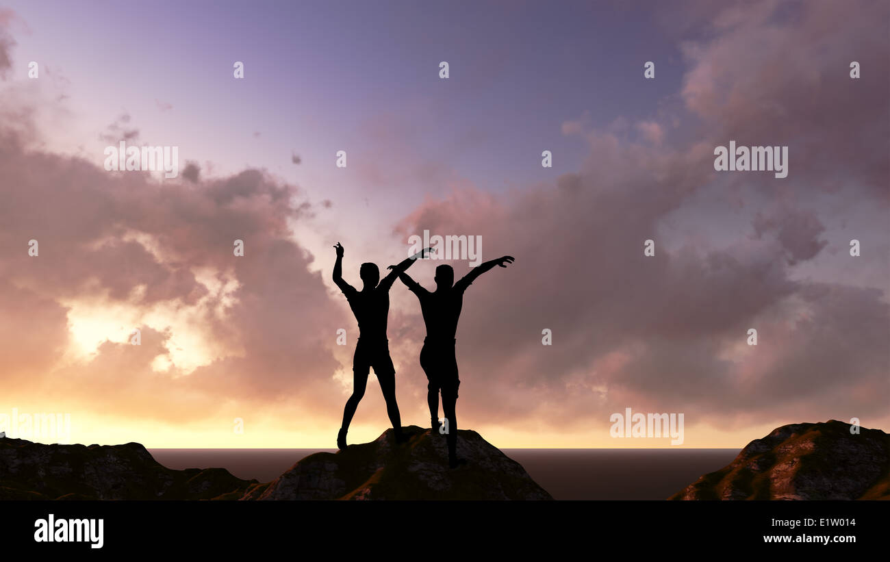 two man' s silhouette with her hands raised in the sunset Stock Photo ...