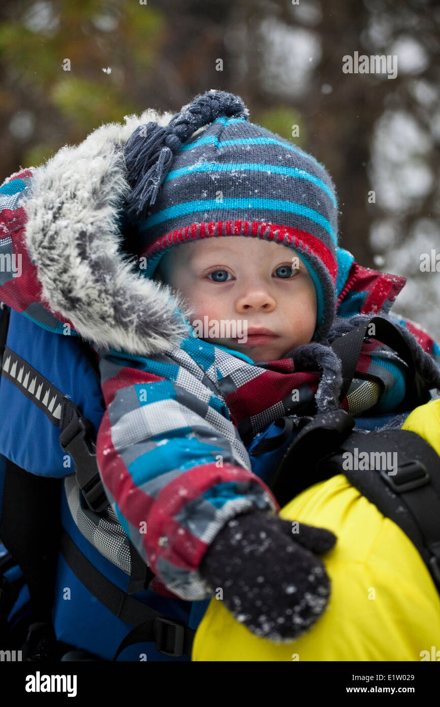 A young baby boy going for his first snowshoe at Peter Lougheed Provincial Park,  Kananaskis, AB Stock Photo