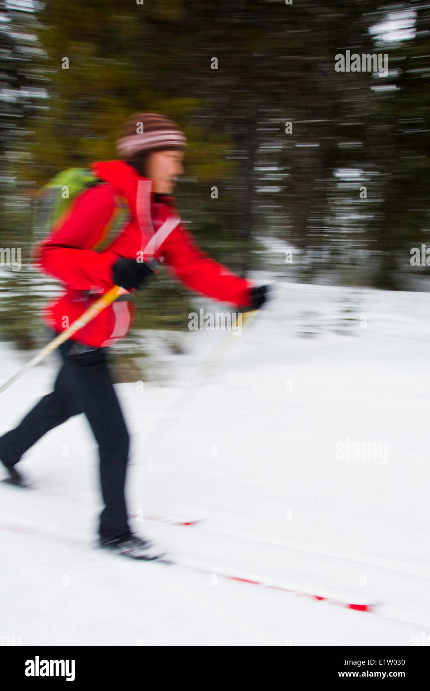 A young asian woman cross country skiing at Peter Lougheed Provincial Park,  Kananaskis, AB Stock Photo