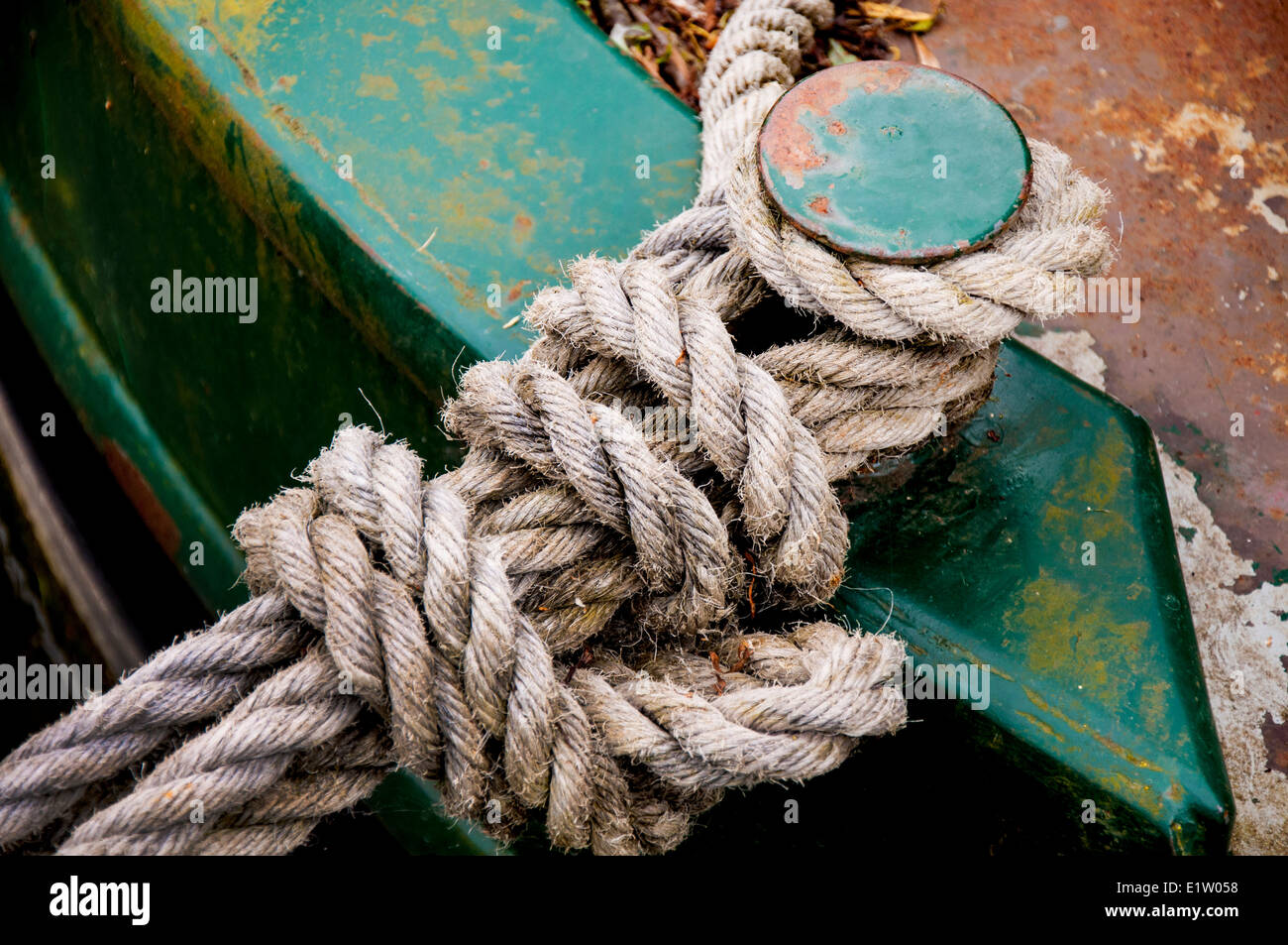 Neatly tied mooring rope on a canal boat on the Kennet and Avon canal ...
