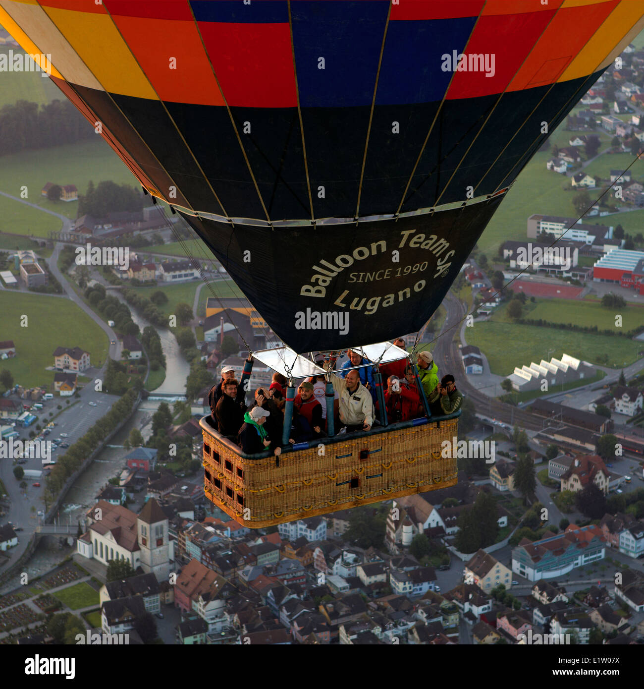 Europe, Switzerland, Appenzell Innerrhoden Canton, balloon air floating over Appenzell city Stock Photo