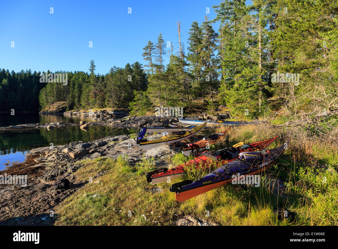 Kayaks rest above the high tide mark on Octupus Island Provincial Marine Park, British Columbia, Canada Stock Photo