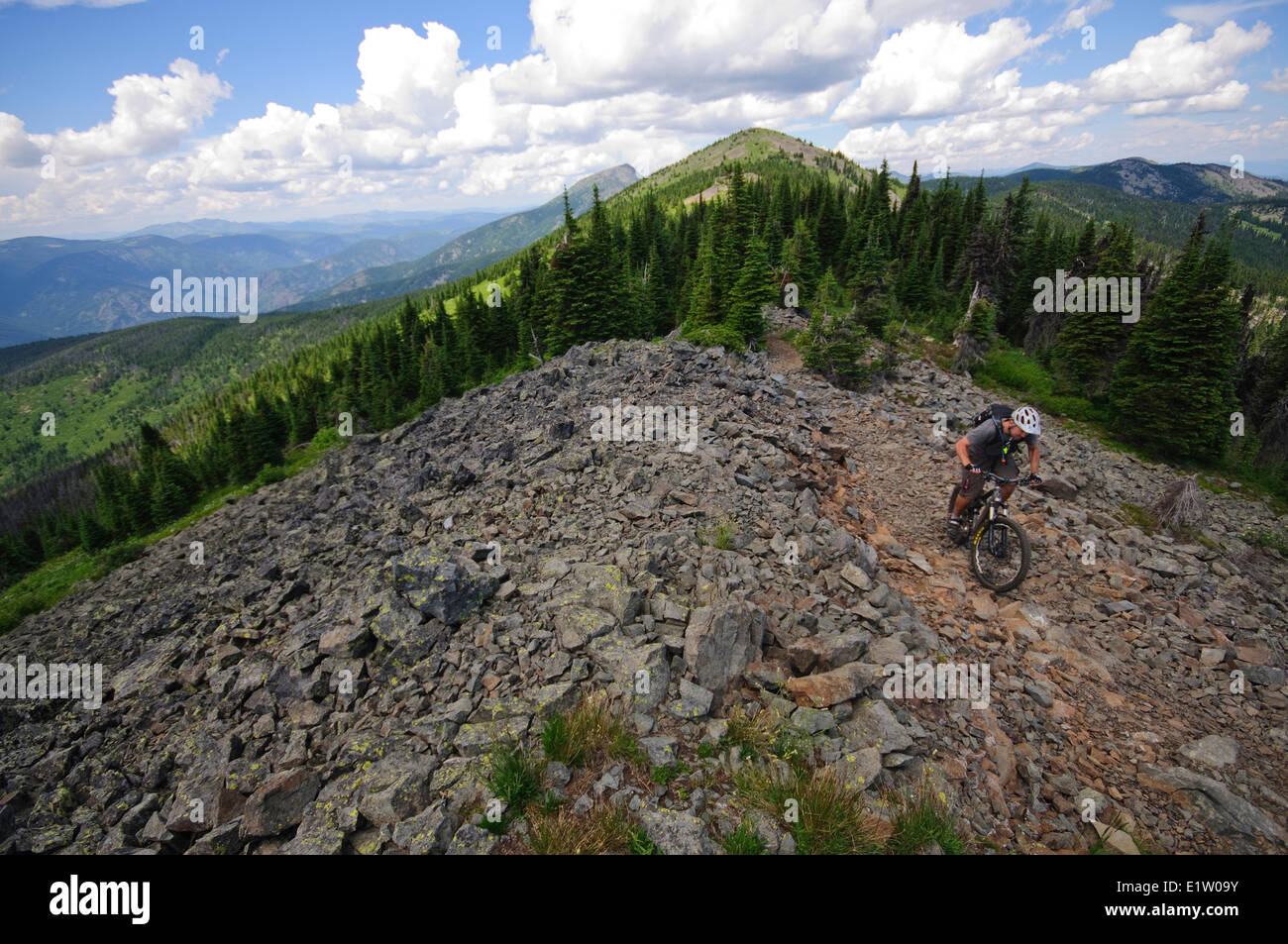 Mountain biking along the Seven Summits trail in Rossland. Kootenay Rockies region, British Columbia, Canada Stock Photo