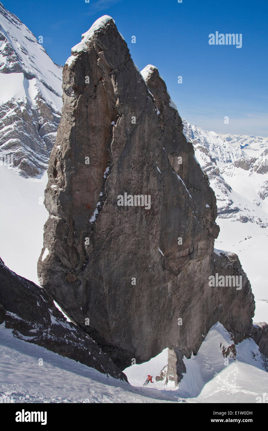 A male backcountry skier on tele skis drops into a steep couloir with a unique limestone arch in it. Mt. French Peter Lougheed Stock Photo