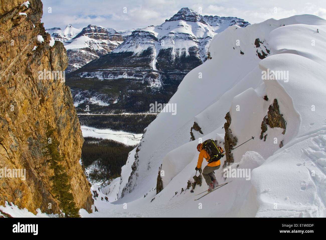 A male backcountry skier on tele skis drops into a steep couloir along the Icefields Parkway, Banff National Park,  AB Stock Photo