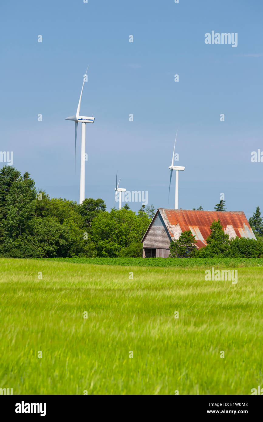 Wooden barn and wind turbines, O' Leary, Prince Edward Island, Canada Stock Photo