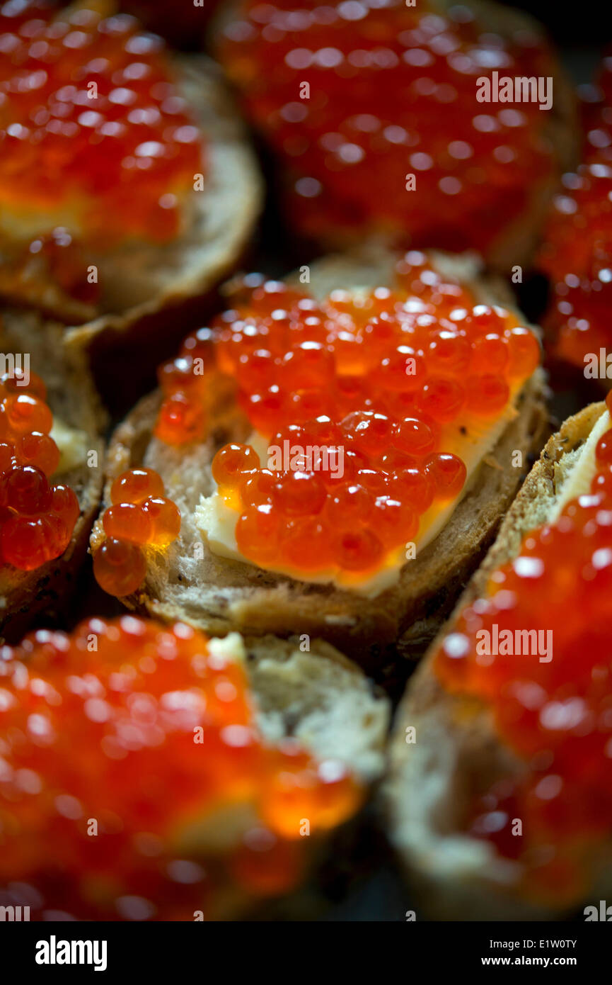 Red caviar sandwich placed in a plate on a table Stock Photo