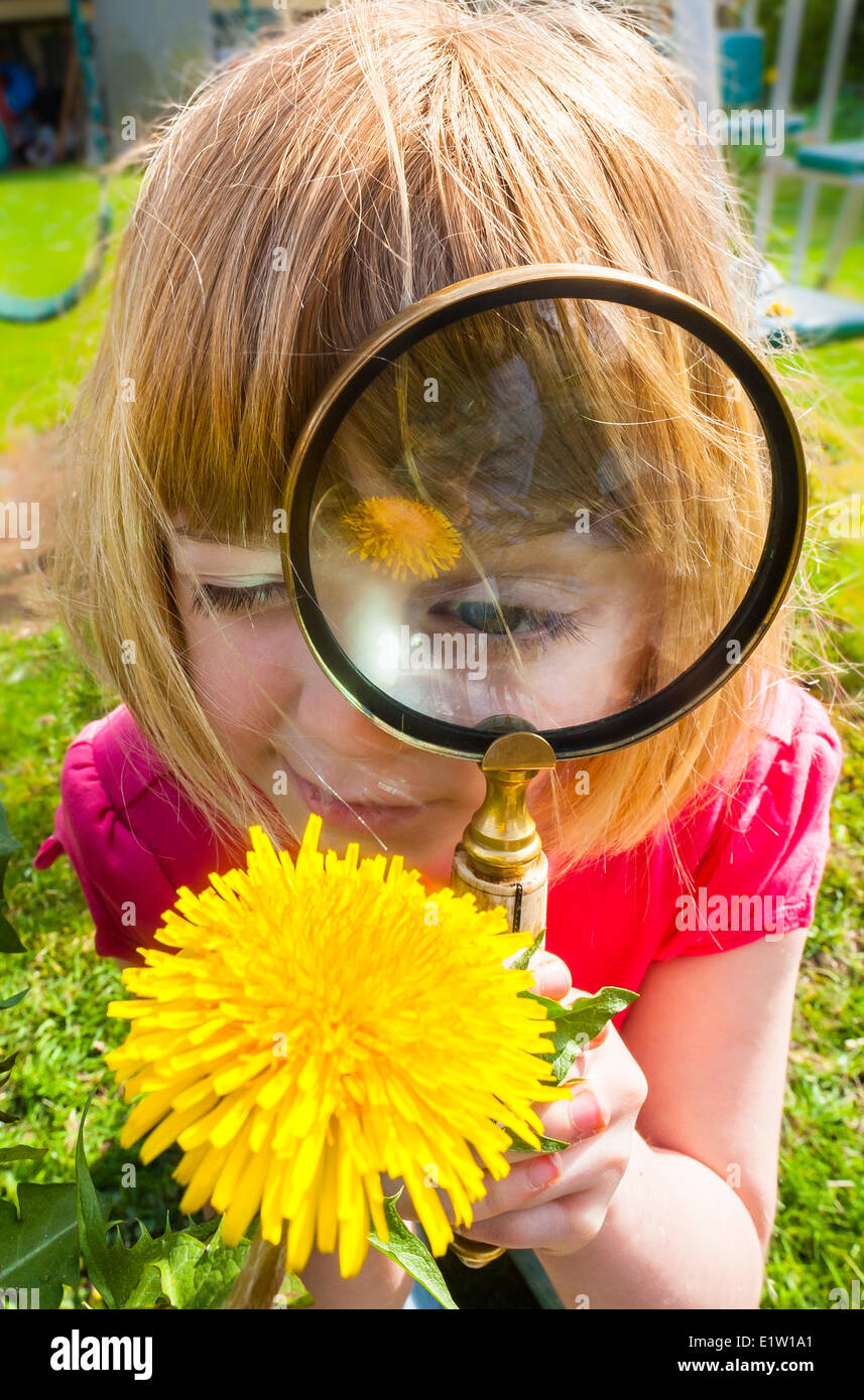 Girl using magnifying glass. Model Released. Stock Photo