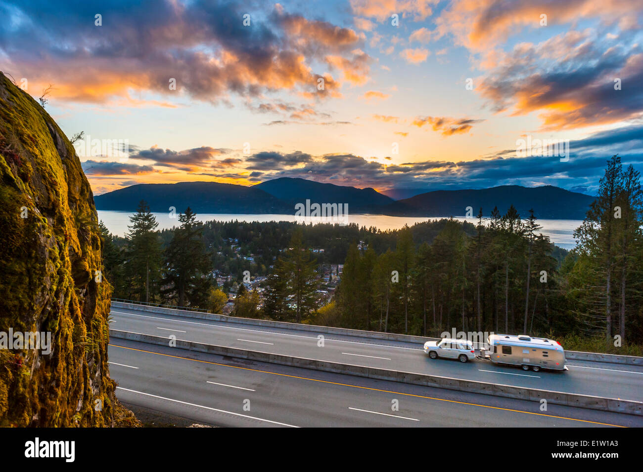 Sea to sky highway at sunset. Stock Photo