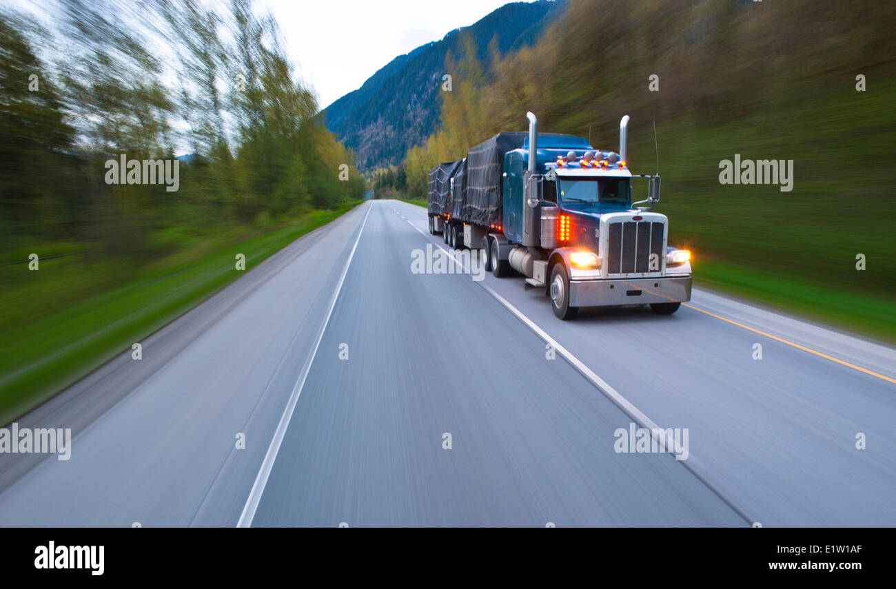 Transport truck on the road south of Hope. Stock Photo