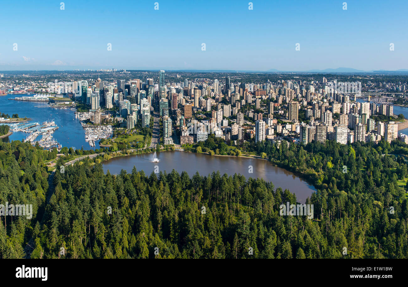 Stanley Park, Lost Lagoon and downtown Vancouver. Stock Photo