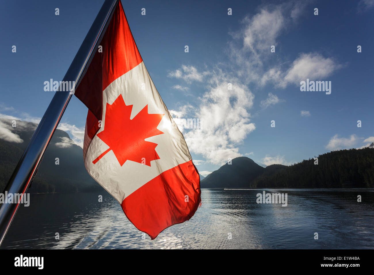 The Canadian Flag flies from the stern of the Uchuck 111 as it traverses Muchalat Inlet, British Columbia, Canada. Stock Photo