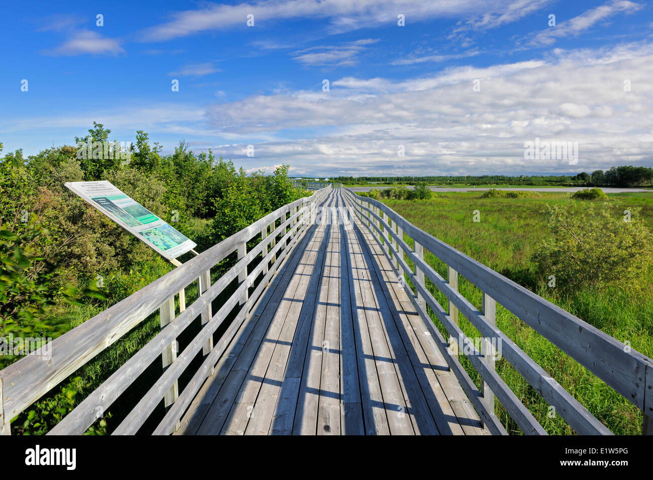 Boardwalk over marsh, Marais de Tikouamis, Quebec, Canada Stock Photo