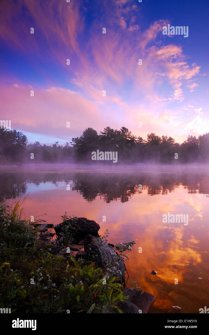 Pre-dawn Severn River Reflections,Near  Washago, Ontario, Canada Stock Photo