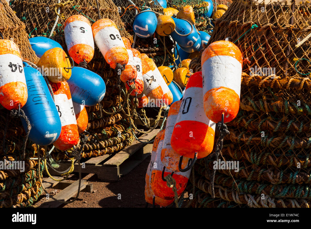 Crab traps and buoys, Malpeque Harbour, Prince Edward Island, Canada Stock Photo