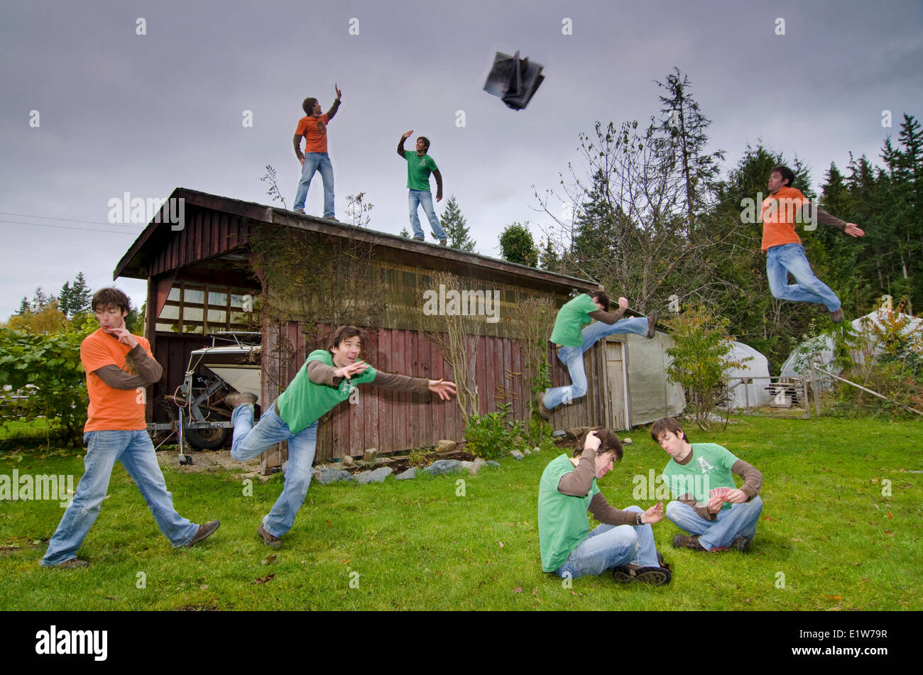 Young man has some multiplicity fun in his back yard in this composite image taken near Powell River, British Columbia, Canada Stock Photo