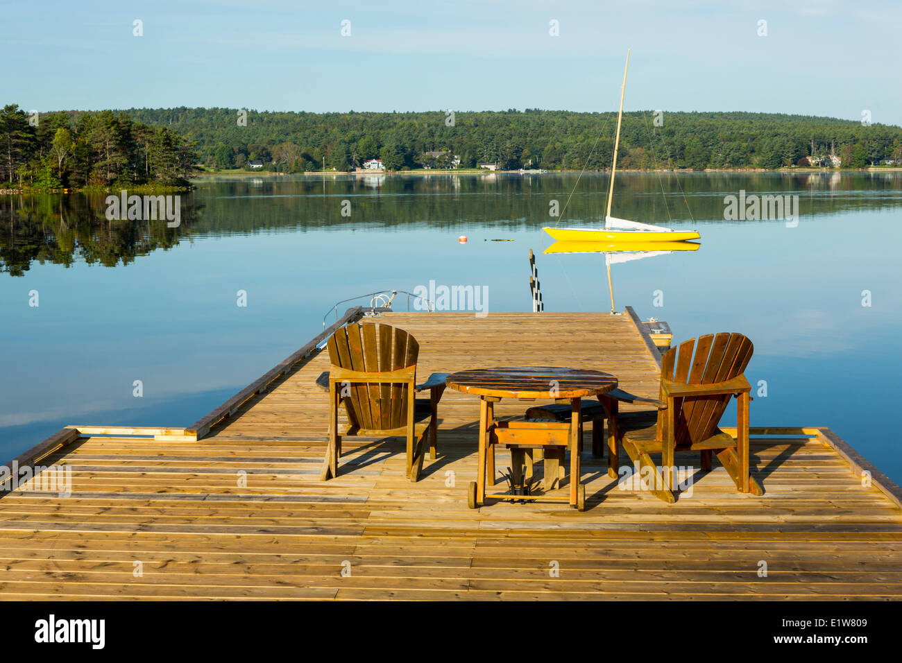 Adirondack chairs on wharf, Little Island, LaHave River, Nova Scotia