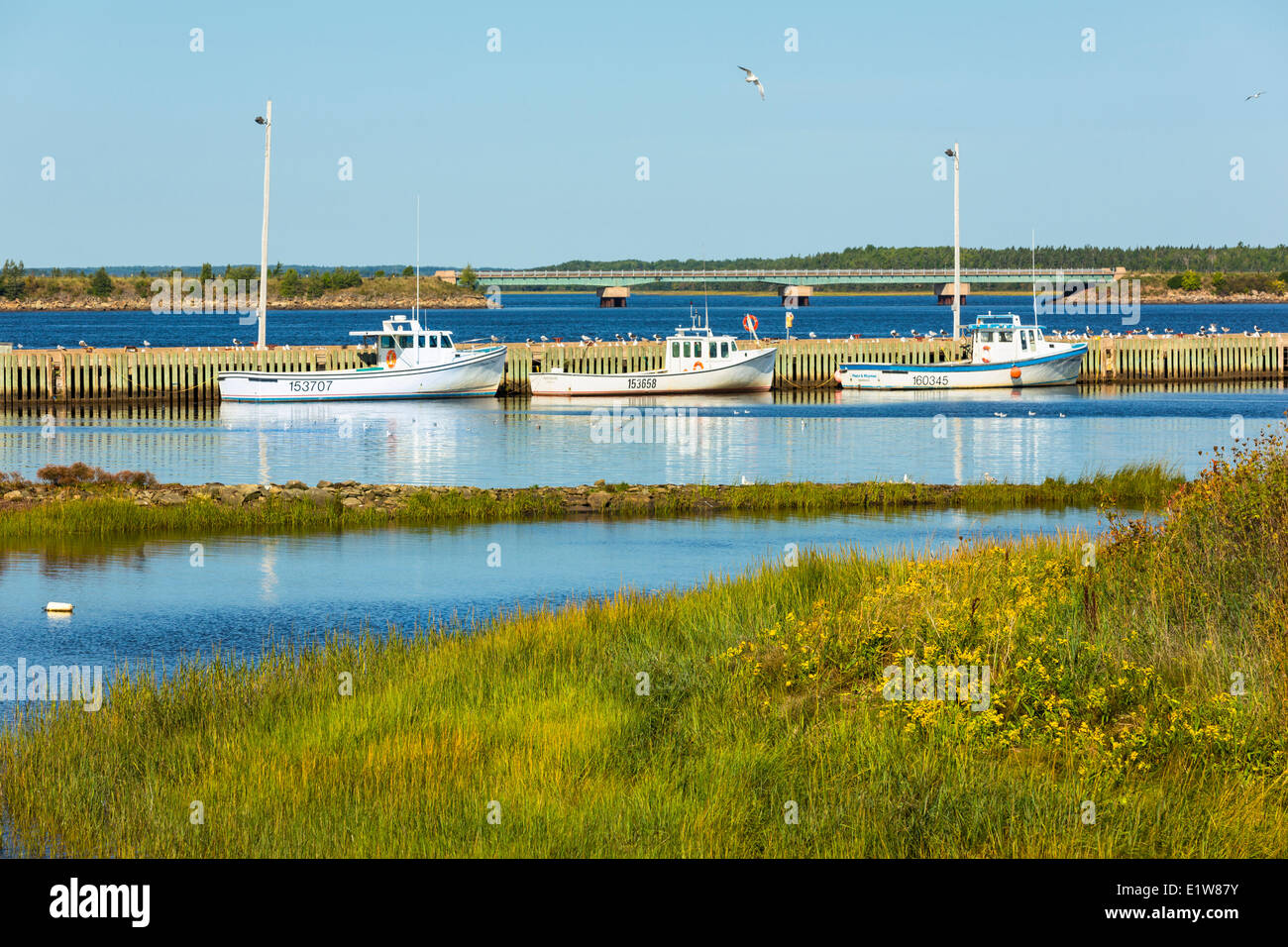 Fishing boats tied up at wharf, Wallace, Nova Scotia, Canada Stock Photo