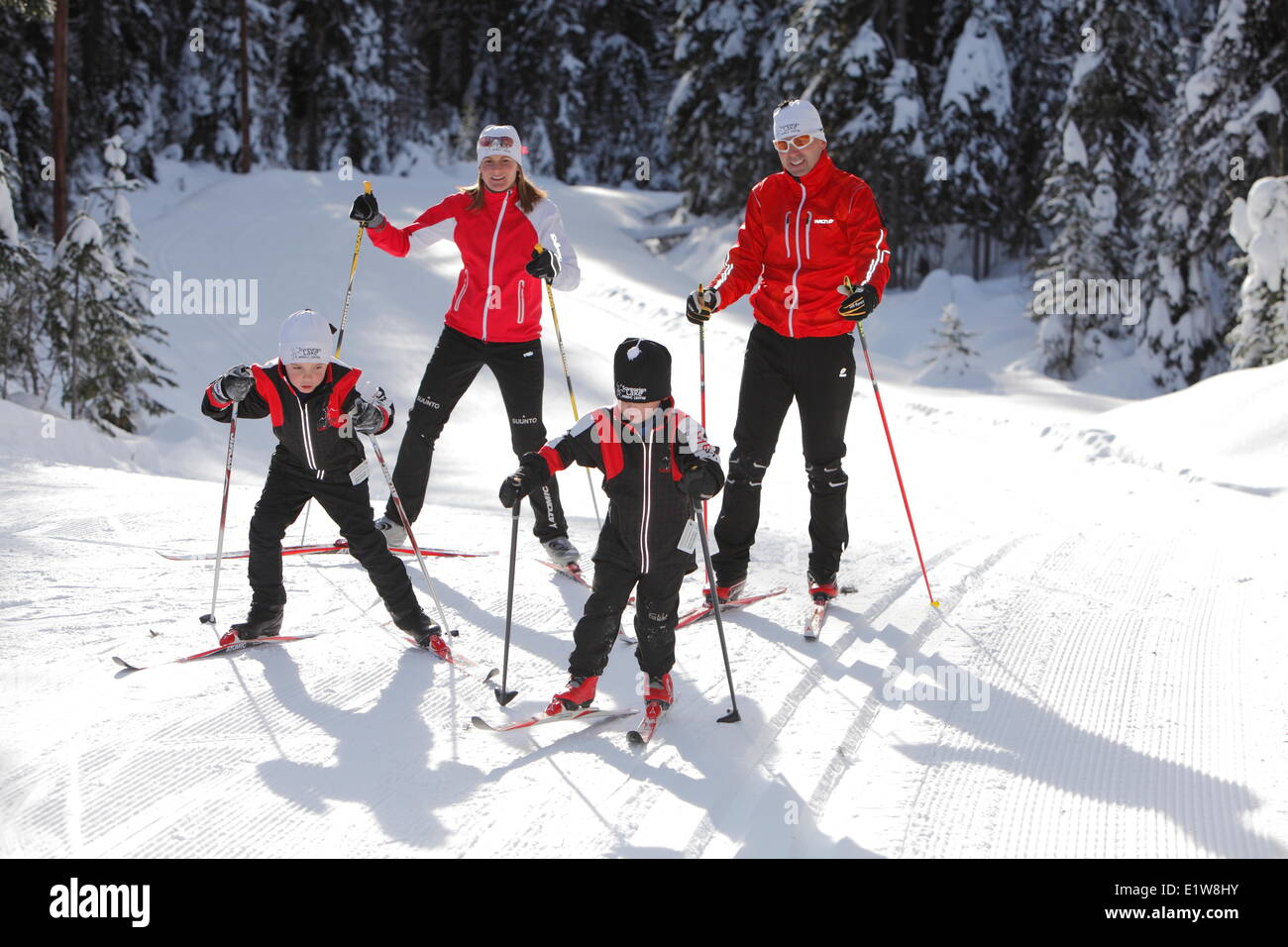 Young family Cross Country Skiing at Sovereign Lake Nordic Centre, near