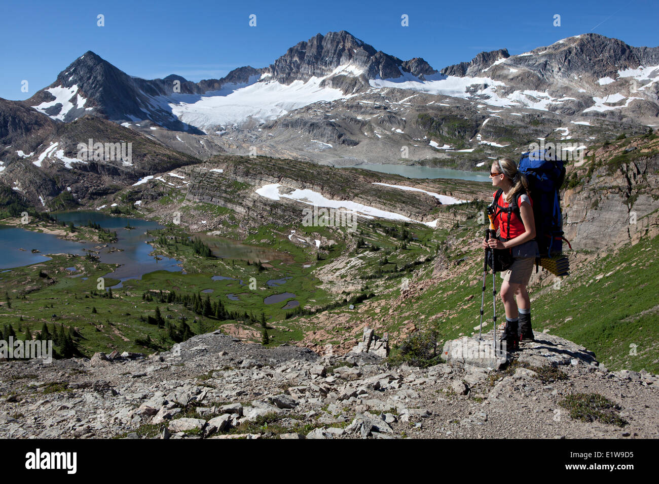 Backpakcer at Limestone Lakes Basin and Russell Peak, Height of the Rockies Provincial Park, British Columbia, Canada Stock Photo