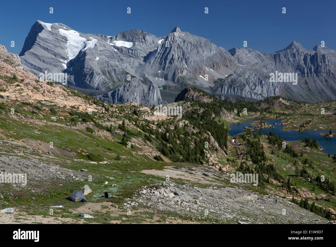 Tents at the pass above Lower Limestone Lakes Basin Mount Abruzzi Mount Lancaster Mount Marconi Mount Minton Height the Rockies Stock Photo